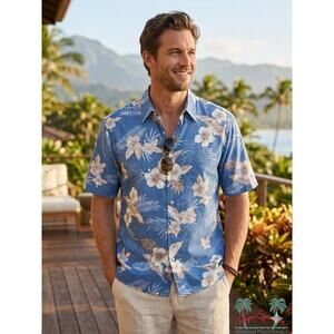 Reyn Spooner Hawaiian Shirt XL Blue Hibiscus “Regency Cotton Lawn” Floral Aloha